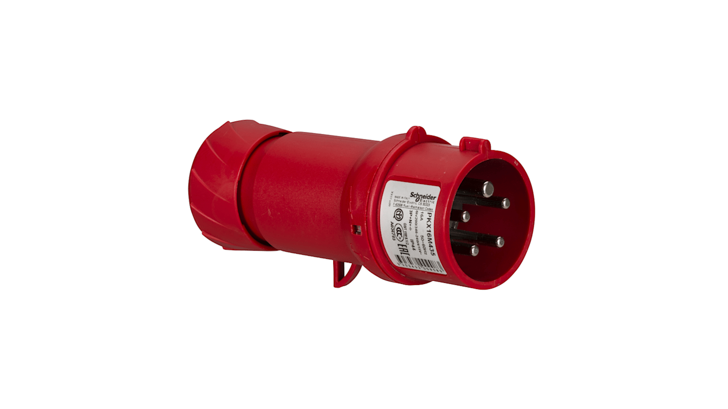 Conector de potencia industrial Macho, Formato 3P + N + E, Orientación Recto, PratiKa, Rojo, 415 V, 16A, IP44