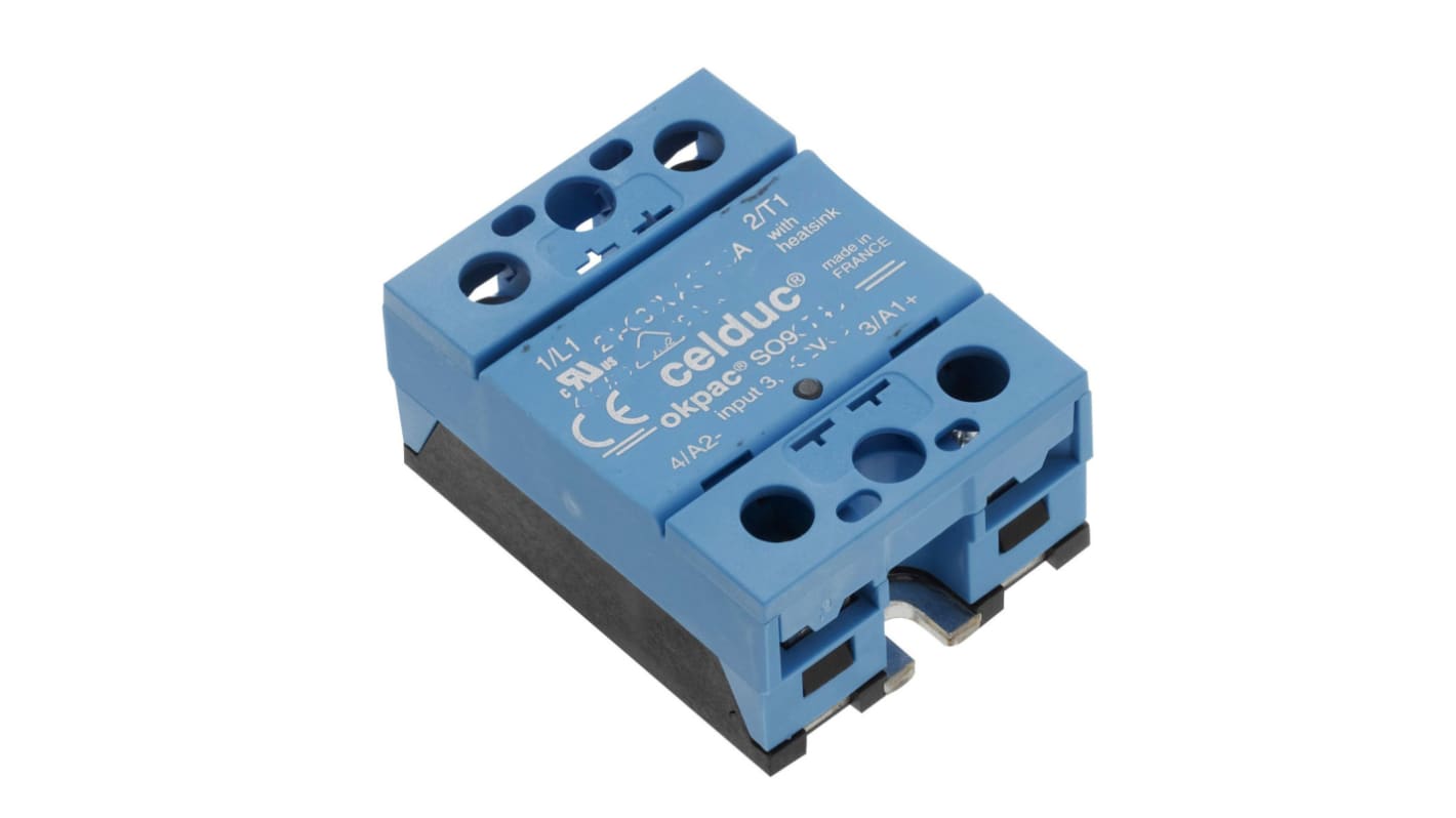 Relé de estado sólido Celduc okpac SO9 de 1 polo, control 3 → 32 V dc, carga 12 → 280V ac, 25 A máx.,