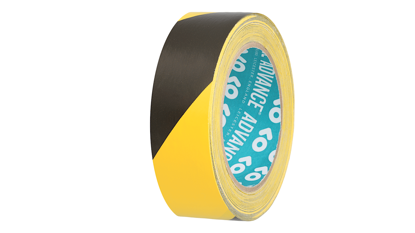 Advance Tapes AT8 Black/Yellow PVC 33m Hazard Tape, 0.14mm Thickness