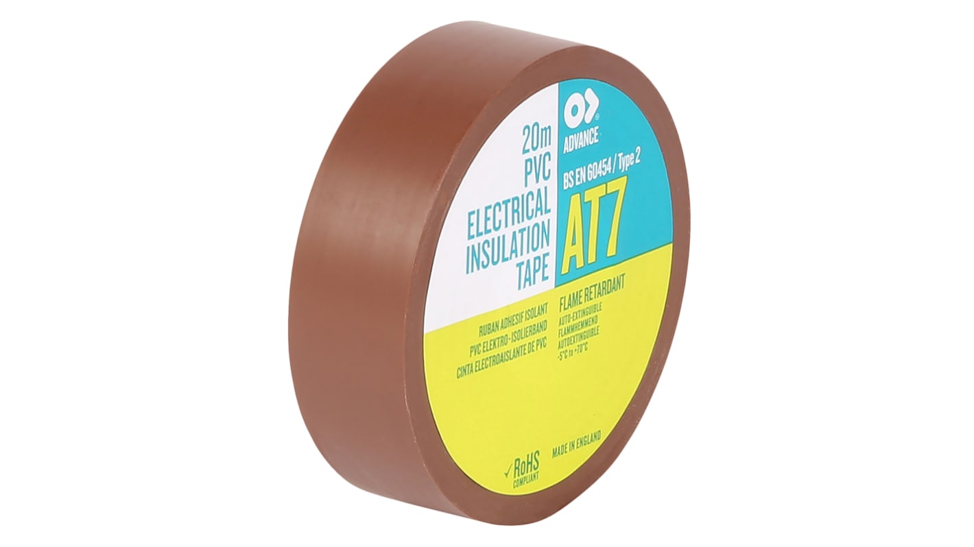 Cinta aislante de PVC Advance Tapes AT7 de color Marrón, 19mm x 20m, grosor 0.13mm