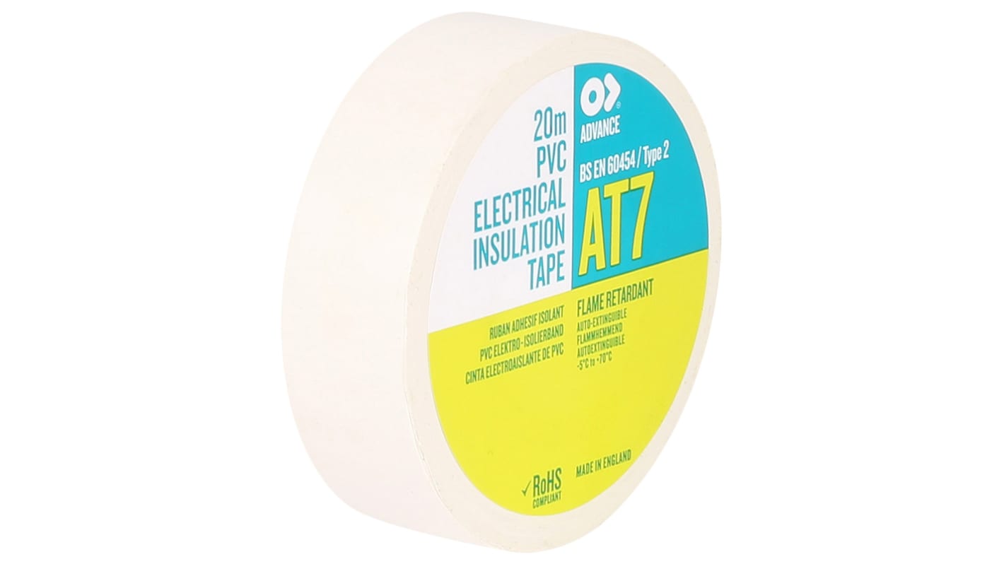Advance Tapes PVC电工胶带, 白色, 19mm宽 x 20m长 x 0.13mm厚, 最高+70°C, AT7, AT7