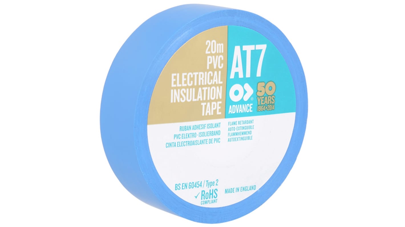 Cinta aislante de PVC Advance Tapes AT7 de color Azul, 19mm x 20m, grosor 0.13mm