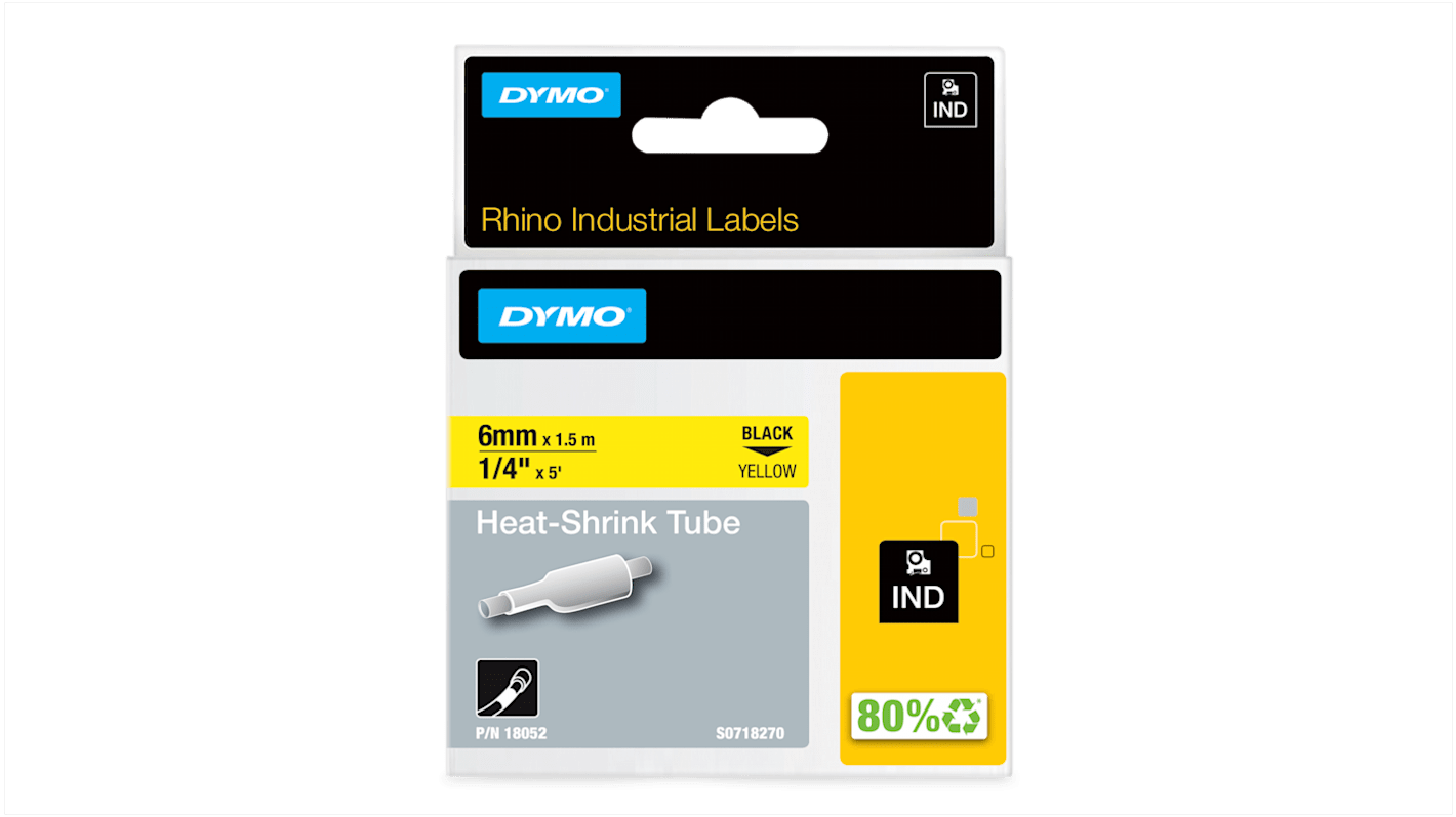 Dymo Black on Yellow Heatshrink Labels, 1.5 m Length, 6 mm Width
