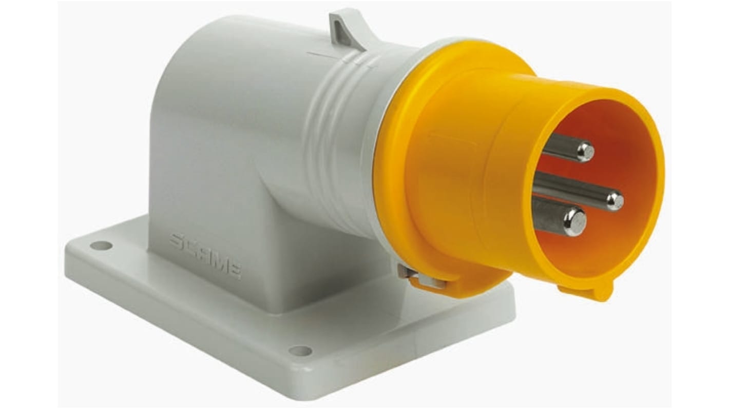 Scame IP44 Yellow Wall Mount 2P + E Right Angle Industrial Power Plug, Rated At 32A, 110 V