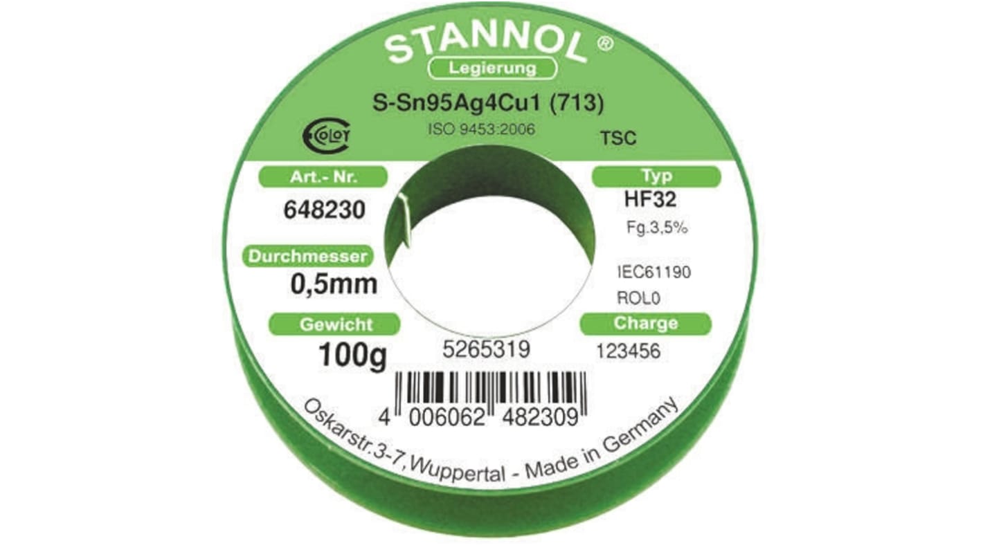 Stannol HF32 Halogenfreies Lötzinn bleifrei 95.5%Sn 0%Pb 0.7%Cu 3.8%Ag, 217°C, Ø 0.5mm / 100g