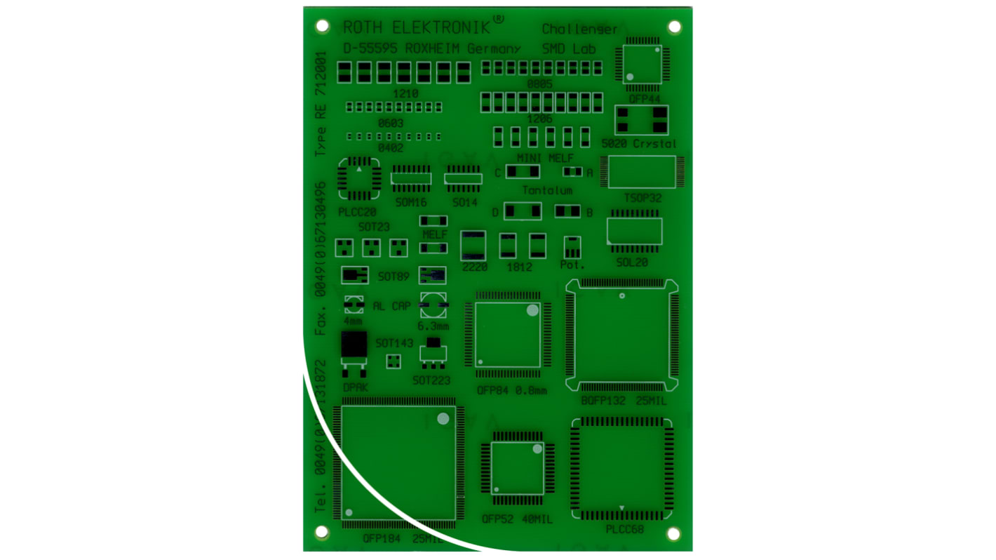 RE712001-LF, Enkeltsidet Øvelsesprint Til SMD Lodning, FR4, 85 Komponenter, Flere typer Kapslinger, 100 x 140 x 1.5mm