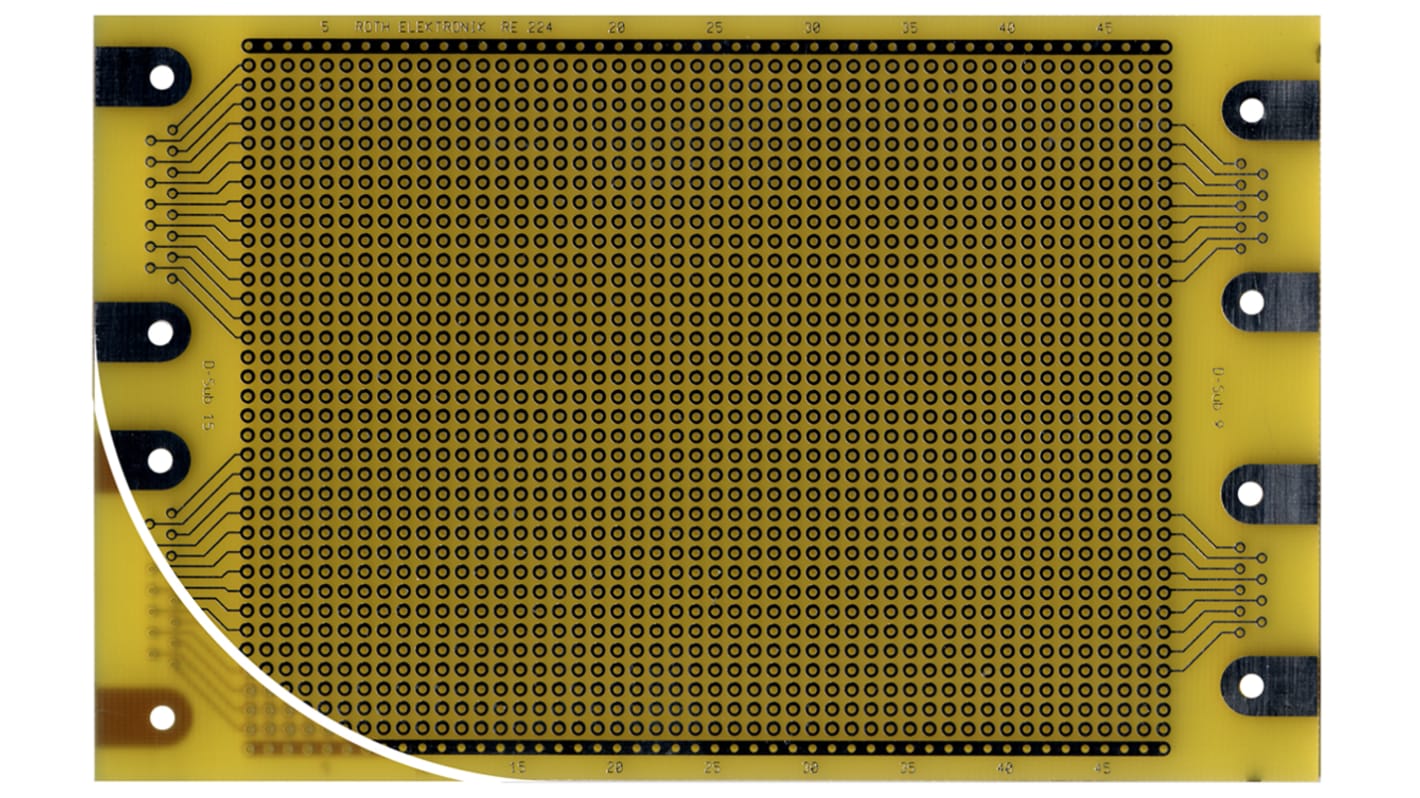 Eurocard RE224-LF, Una Cara DIN 41652 FR4 con 48 x 35 1mm de orificio, 2.54 x 2.54mm de paso, 160 x 100 x 1.5mm