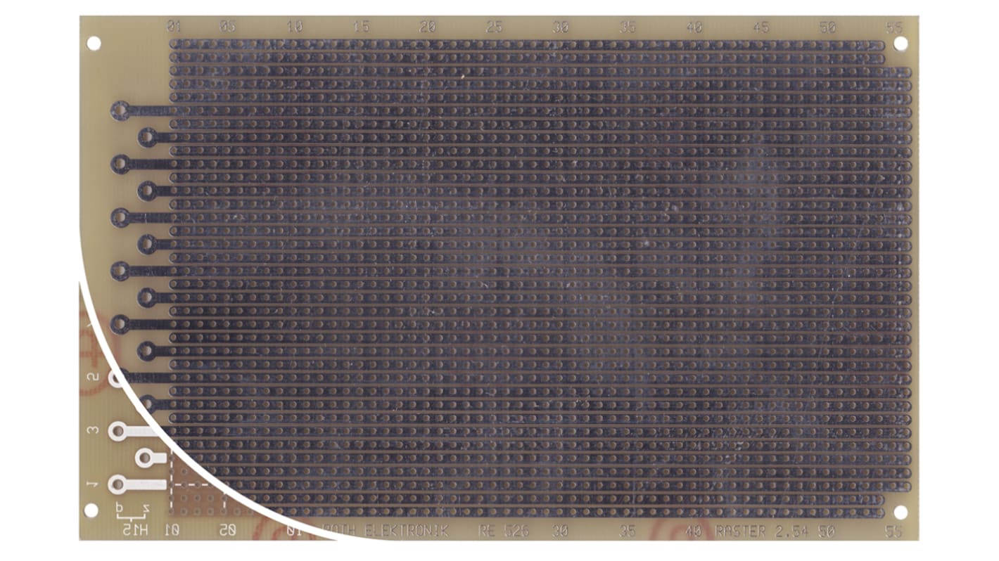 RE526-LF, Single Sided DIN 41612 H Eurocard PCB FR4 With 36 x 56 1mm Holes, 2.54 x 2.54mm Pitch, 160 x 100 x 1.5mm