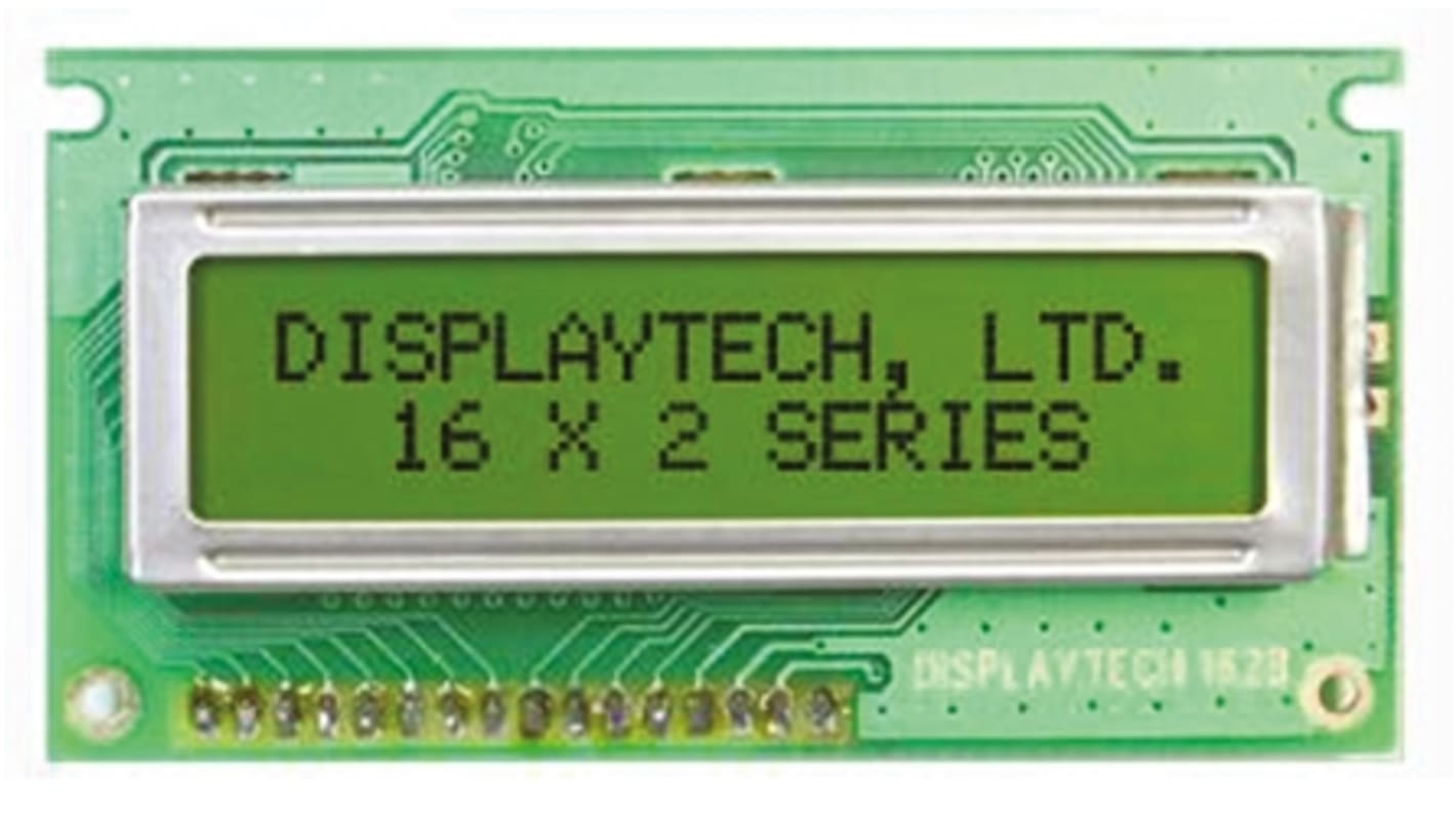 Display monocromo LCD alfanumérico Displaytech de 2 filas x 16 caract., transflectivo, área 66 x 16mm