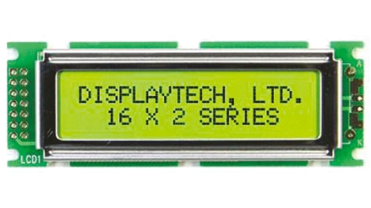 Displaytech 162D-BC-BC Alphanumeric LCD Display, Yellow on Green, 2 Rows by 16 Characters, Transflective