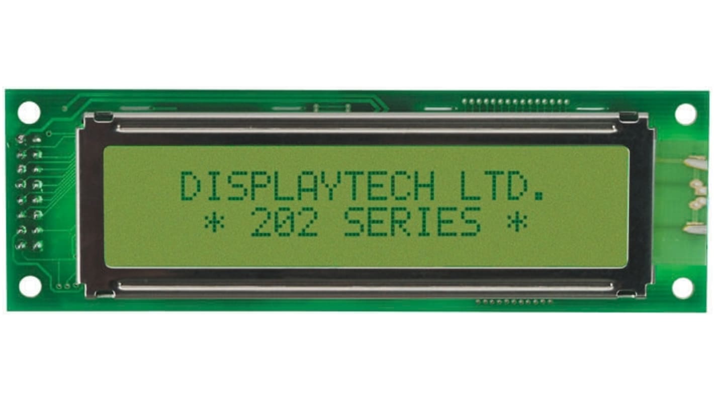 Displaytech 202A-BA-BC Alphanumeric LCD Display, Yellow on Green, 2 Rows by 20 Characters, Reflective