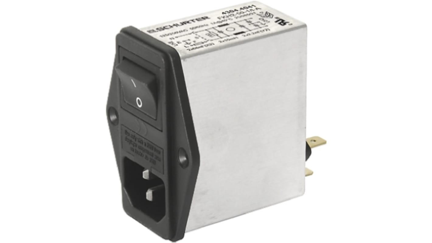 Schurter C14IEC滤波插座, 10A, 250 V 交流, 2个 5 x 20mm保险丝, 2 极开关, 面板安装
