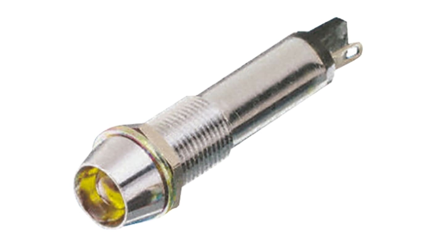 Indicador LED Dialight, Amarillo, lente rebajada, marco Cromo, Ø montaje 9mm, 12V dc, 15mA, 90mcd