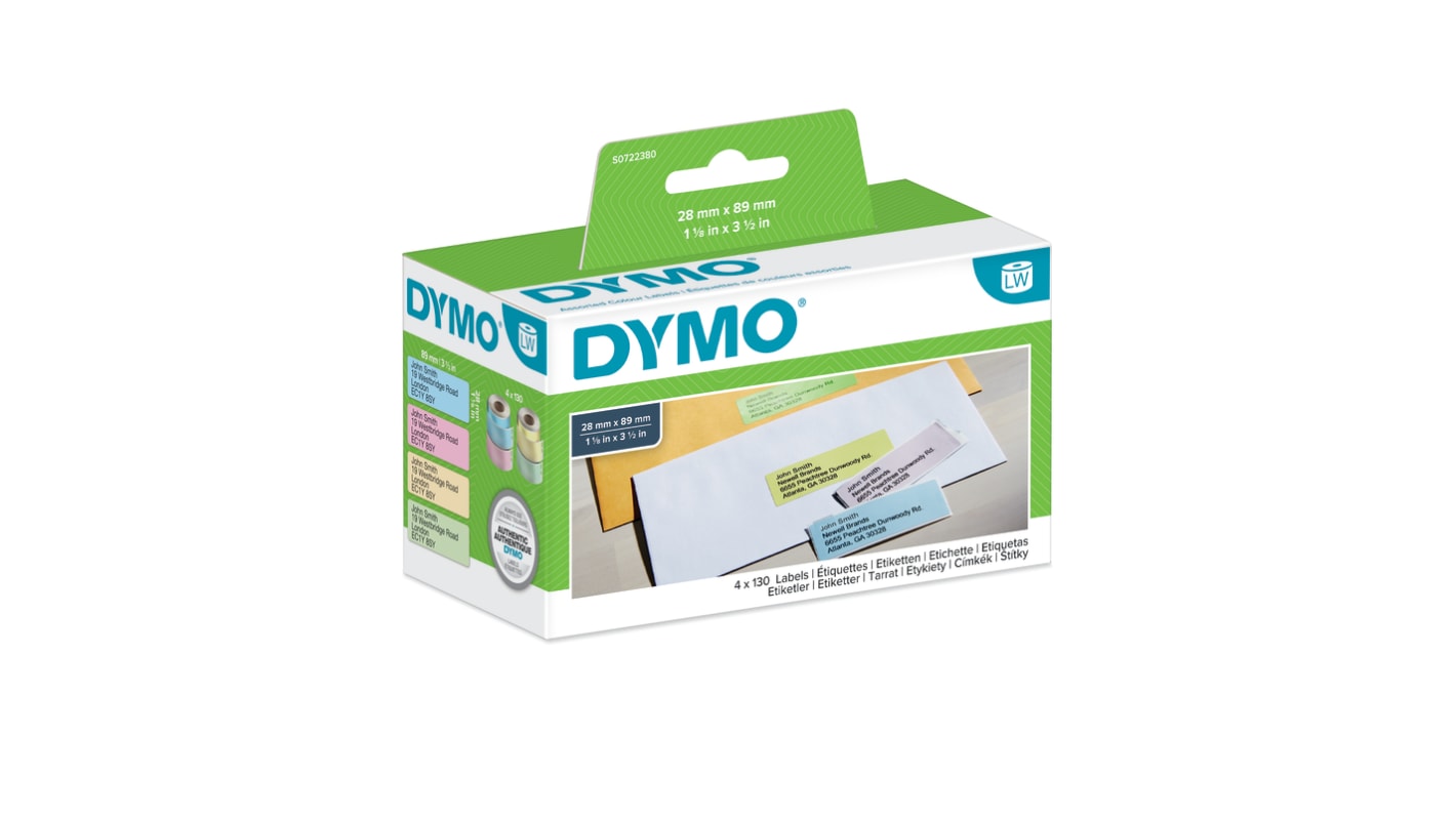 Dymo Blue, Green, Pink, Yellow Black Print Label Roll, 89mm Width, 28mm Height, 1 ロールあたり 130枚 Qty