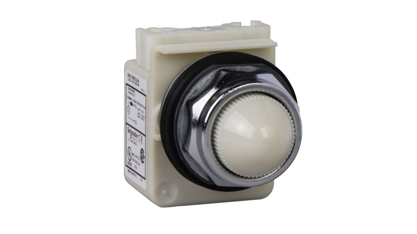 Schneider Electric, Harmony 9001K White LED Pilot Light, 30mm Cutout, IP66, Round, 120V ac/dc