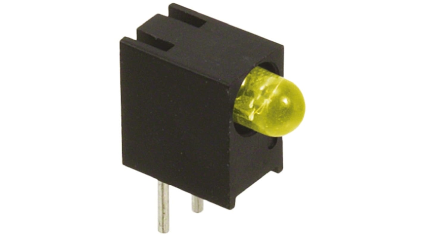 Indicador LED para PCB a 90º Dialight Amarillo, λ 585 nm, 1 LED, 7,5 V, 60 °, dim. 8.89 x 4.32 x 7.11mm, mont. pasante