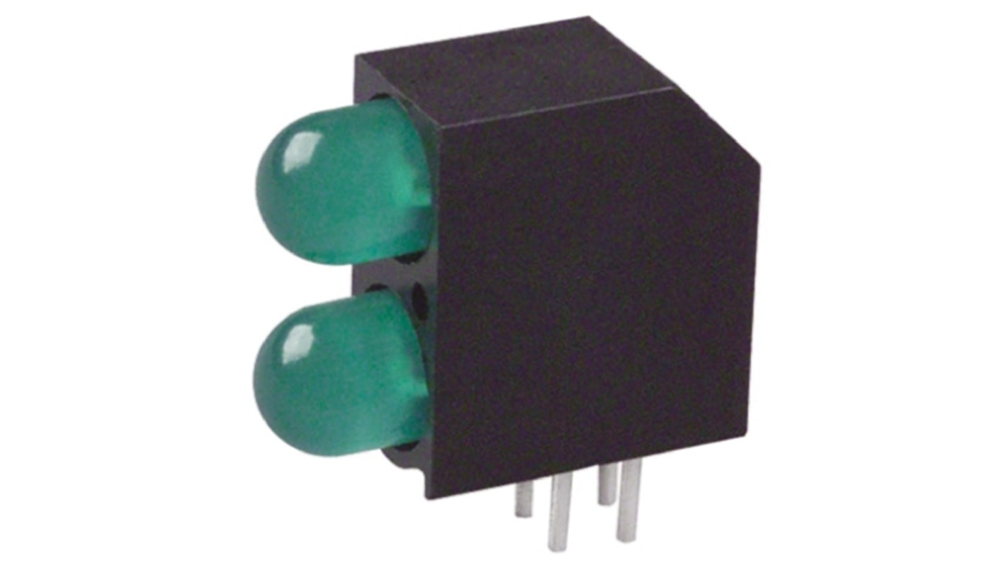 Indicador LED para PCB a 90º Dialight Verde, λ 565 nm, 2 LEDs, 1,8 V, 50 °, dim. 15.35 x 6 x 12.52mm, mont. pasante