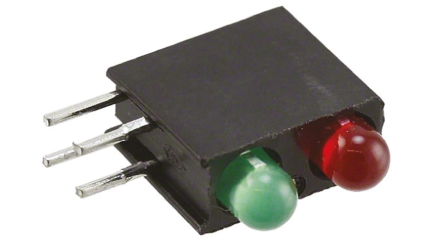 Indicador LED para PCB a 90º Dialight verde y rojo, λ 565 / 635 nm, 2 LEDs, 2,2 V, 60 °, dim. 14.06 x 4.32 x 9.65mm,