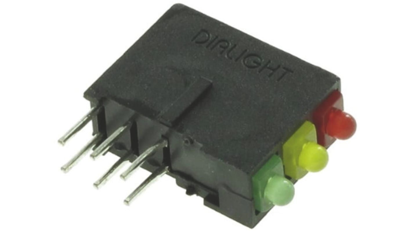 Dialight 570-0100-132F, Red/Yellow/Green Right Angle PCB LED Indicator, 3 LEDs, Through Hole 2.5 V