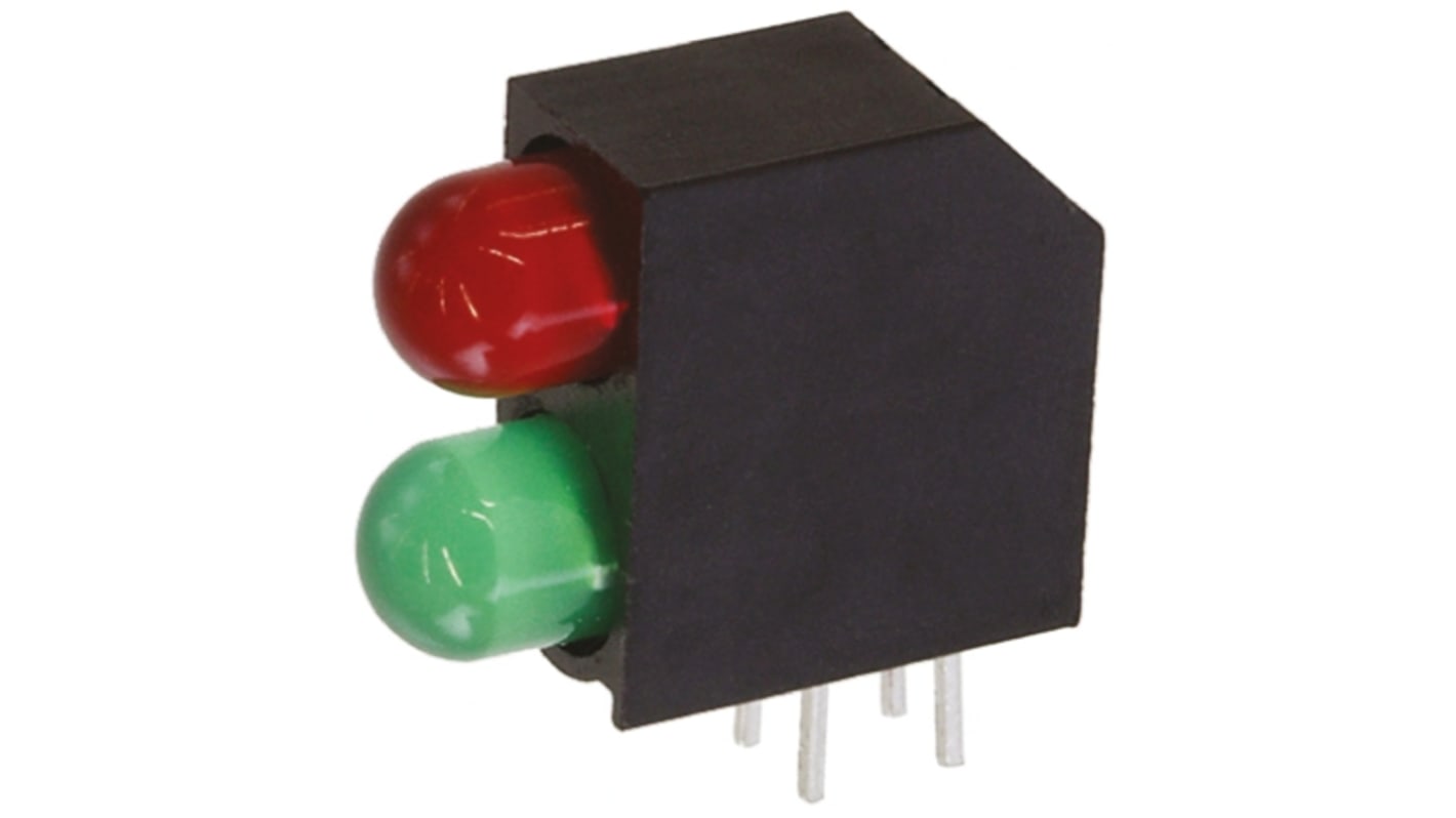 Indicador LED para PCB a 90º Dialight verde y rojo, λ 565 / 635 nm, 2 LEDs, 2 V, 2,2 V, 50 °, dim. 15.35 x 6 x 12.52mm,