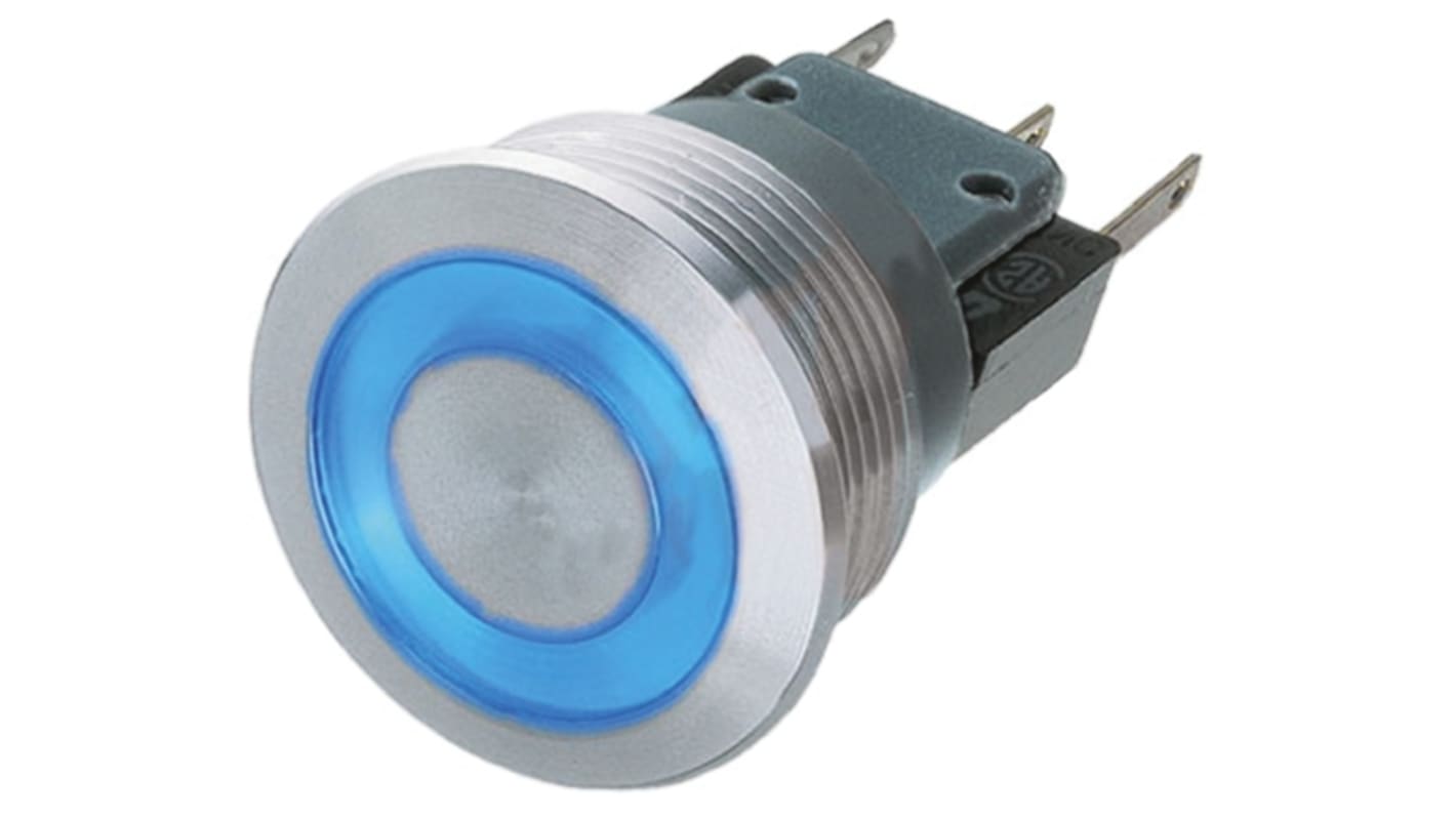 Schurter Illuminated Push Button Switch, Momentary, Panel Mount, 19mm Cutout, SPDT, Blue LED, 250V ac, IP40