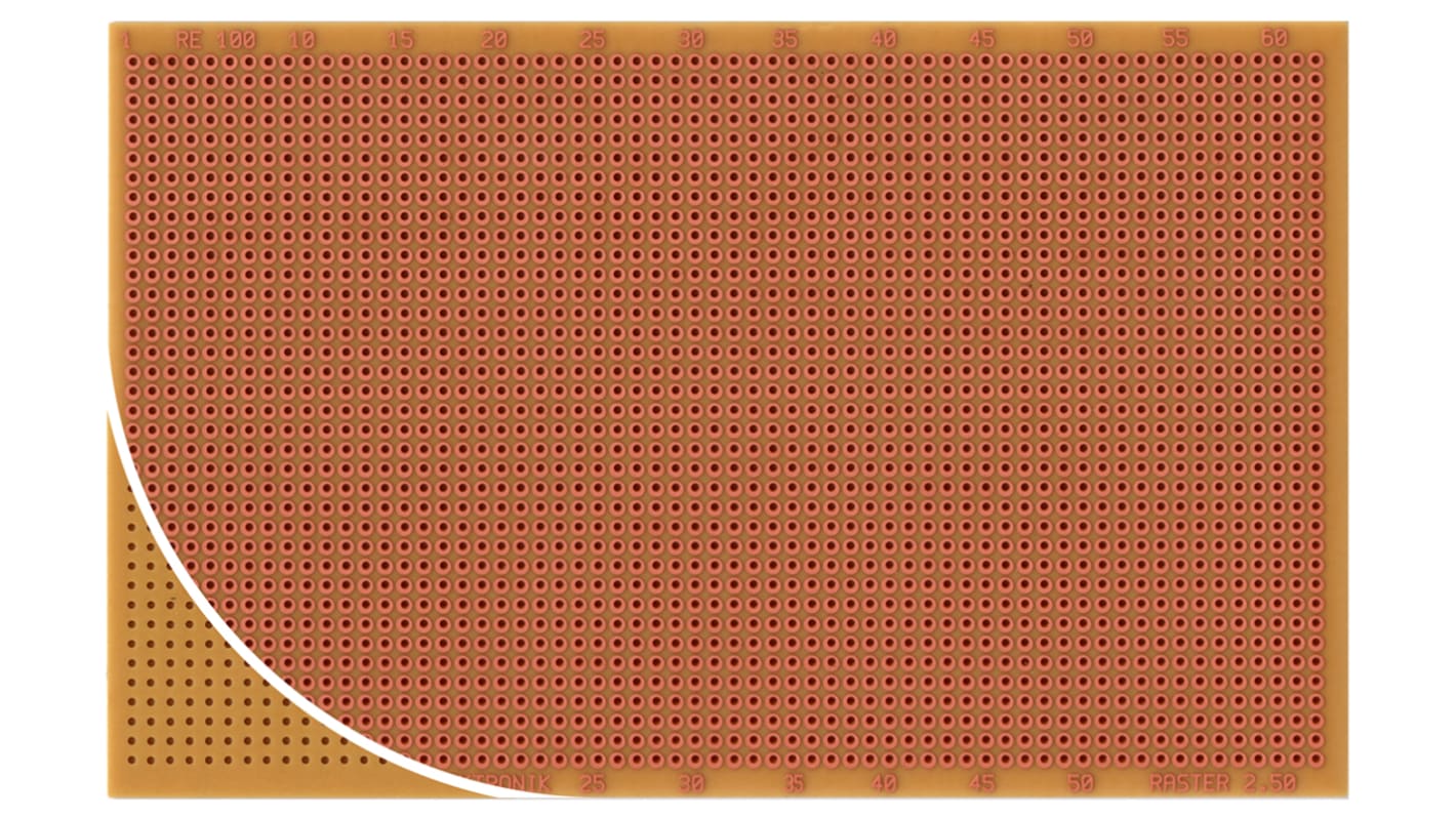 RE100-HP, Single Sided Eurocard PCB FR2 With 37 x 62 1mm Holes, 2.5 x 2.5mm Pitch, 160.20 x 100.23 x 1.5mm