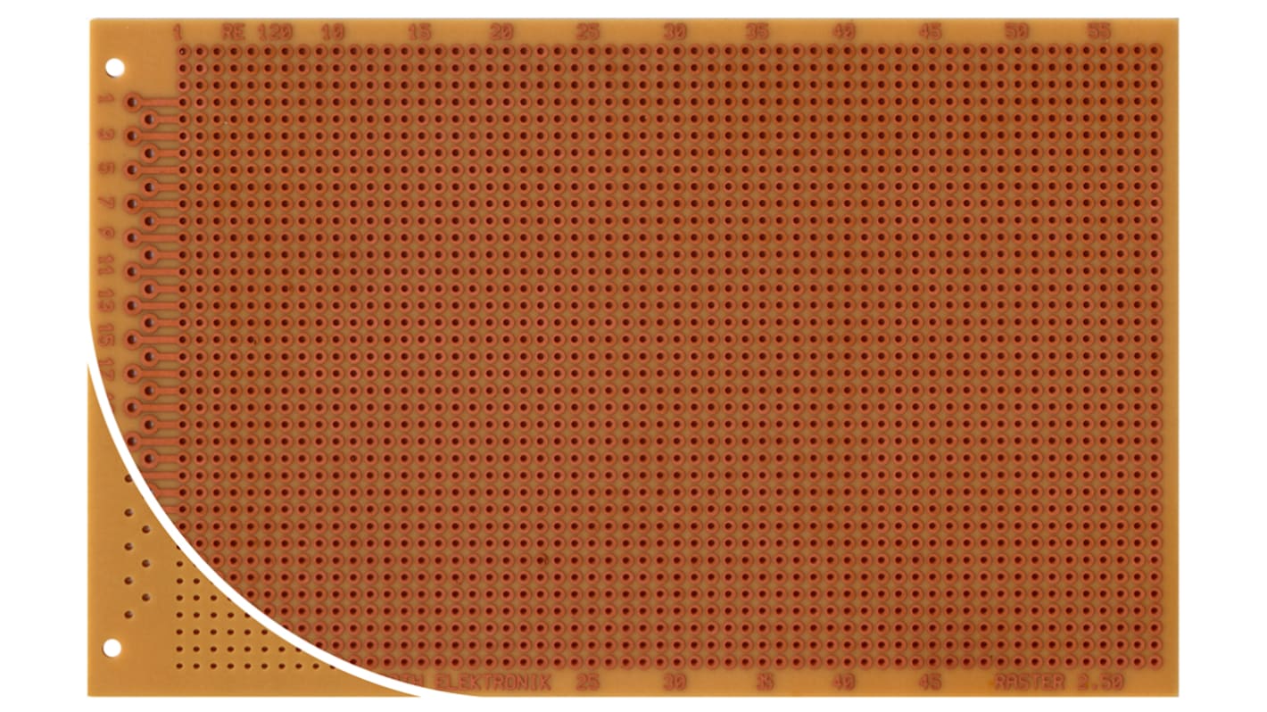 Roth Elektronik FR2 Europlatine, Papier, Kunstharz-beschichtet 1, 160 x 100 x 1.5mm 35μm, PCB-Bohrung 1mm, Raster 2,5mm