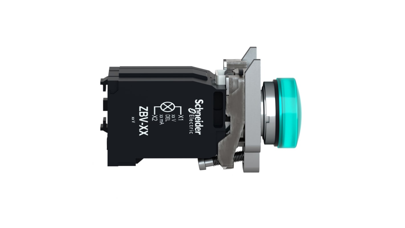 Schneider Electric, Harmony XB4, Panel Mount Green Pilot Light Complete, 22mm Cutout, 120V ac