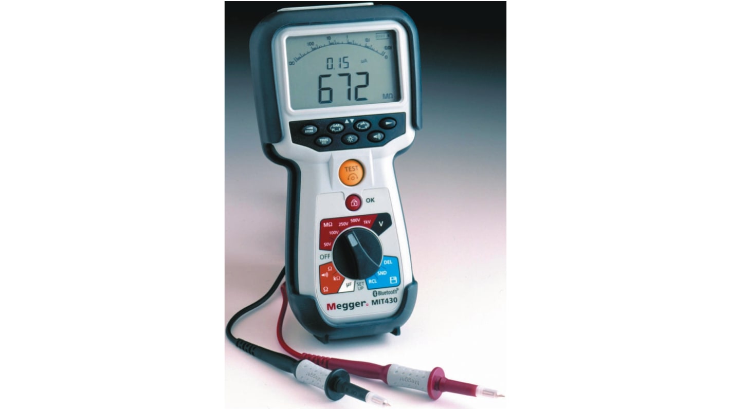 Megger MIT400 Insulation & Continuity Tester, 250V dc Min, 1000V dc Max, 20GΩ Max, CAT IV 600 V - RS Calibration
