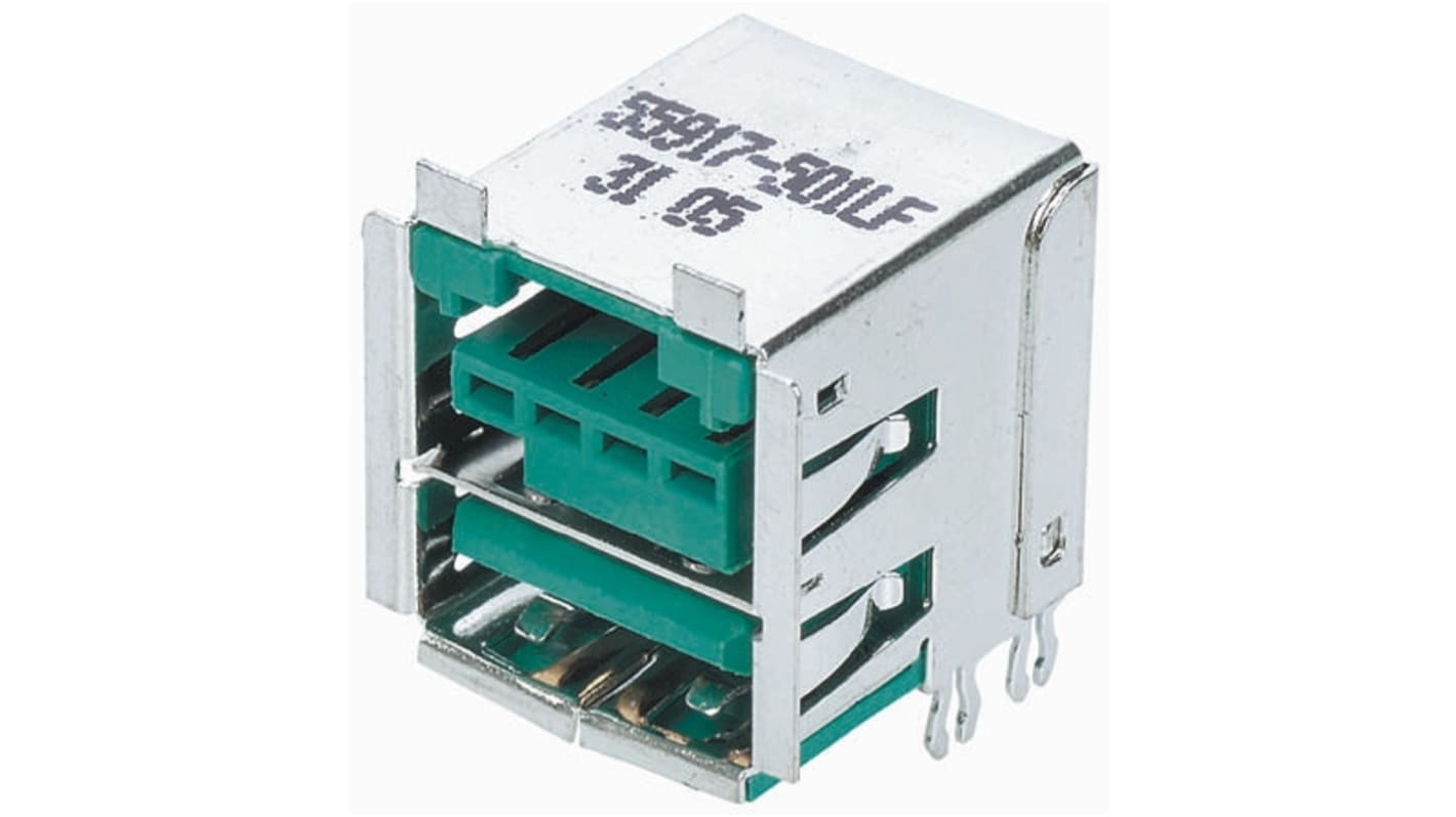 Amphenol Communications Solutions Right Angle, Through Hole, Socket to Socket- Dual Port Type A USB Connector