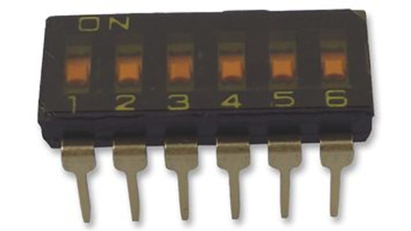 Interruttore DIP A6T-6102, 6P, 25 mA a 24 V cc, 6 posizioni, attuatore a Slitta, Foro passante