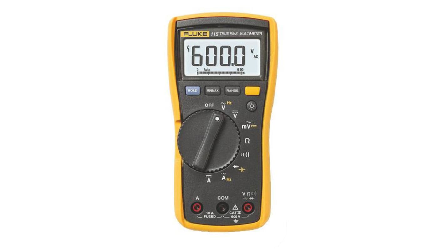 Fluke 115 Handheld Digital Multimeter, True RMS, 10A ac Max, 10A dc Max, 600V ac Max