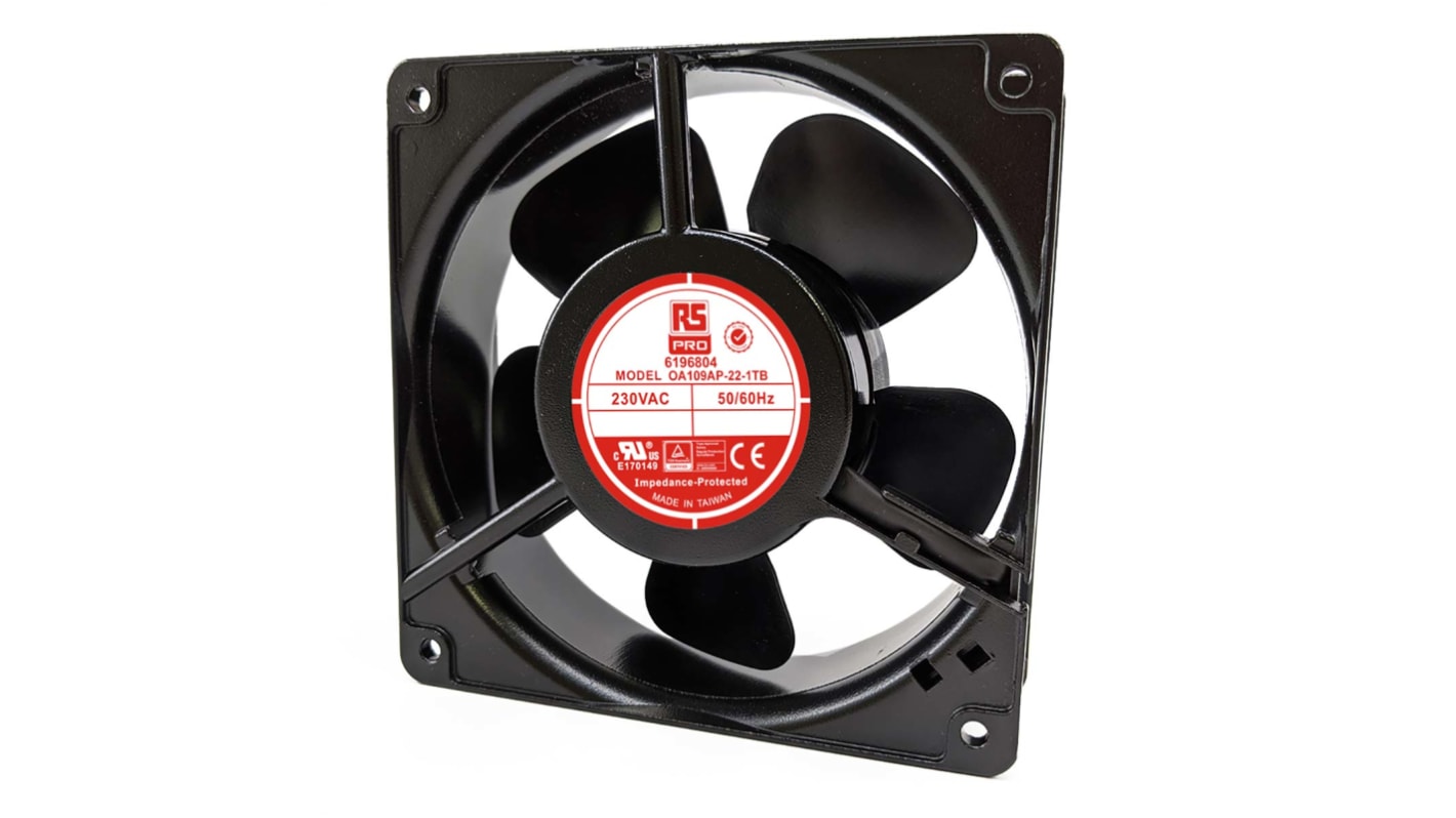 RS PRO Axial Fan, 230 V ac, AC Operation, 186.9m³/h, 15W, 90mA Max, 120 x 120 x 38mm