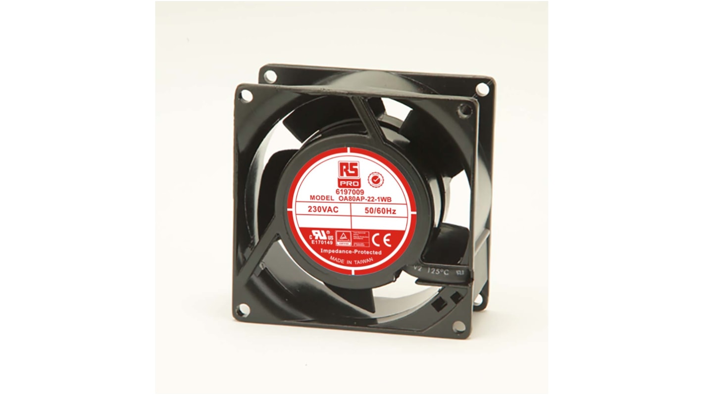 RS PRO Axial Fan, 230 V ac, AC Operation, 51m³/h, 12W, 60mA Max, 80 x 80 x 38mm