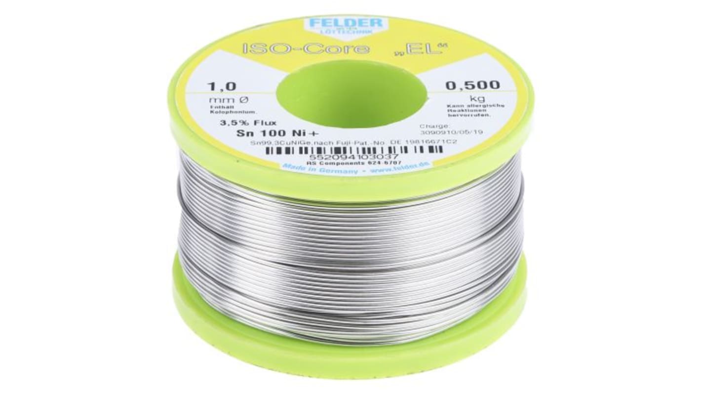 Soudure sans plomb Felder Lottechnik 1mm, 500g, Etain 99.3%, Cuivre 0.7%, fusion à 227°C