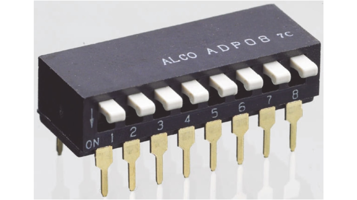 Interruptor DIP, 8P, Montaje en orificio pasante, Actuador Piano, 25 mA a 24 V dc, 8 vías, -30 → +85°C