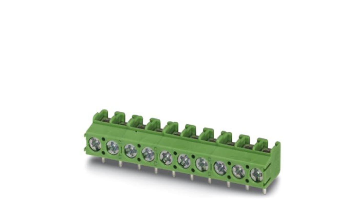 Borne para PCB Macho Ángulo de 90° Phoenix Contact de 10 vías de 10 vías , paso 5mm, 16A, de color Verde, montaje