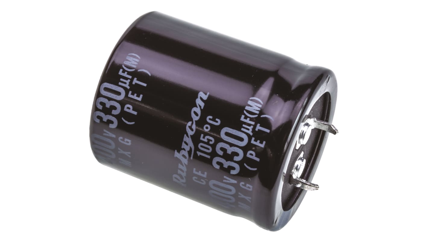 Condensador electrolítico Rubycon serie MXG, 330μF, ±20%, 400V dc, de encaje a presión, 30 (Dia.) x 35mm, paso 10mm