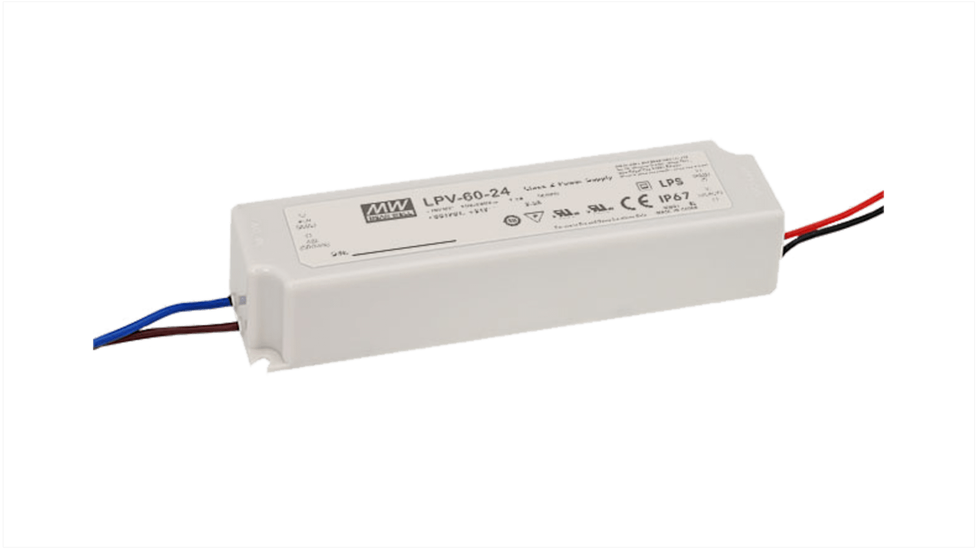 Driver LED tensión constante MEAN WELL de salidas, IN: 90 → 264 V ac, OUT: 48V, 1.25A, 60W, no regulable, IP67