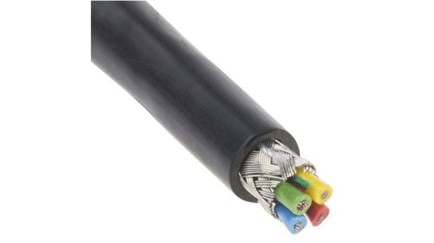 RS PRO Multicore Data Cable, 0.055 mm², 4 Cores, 30 AWG, Screened, 500m, Black Sheath