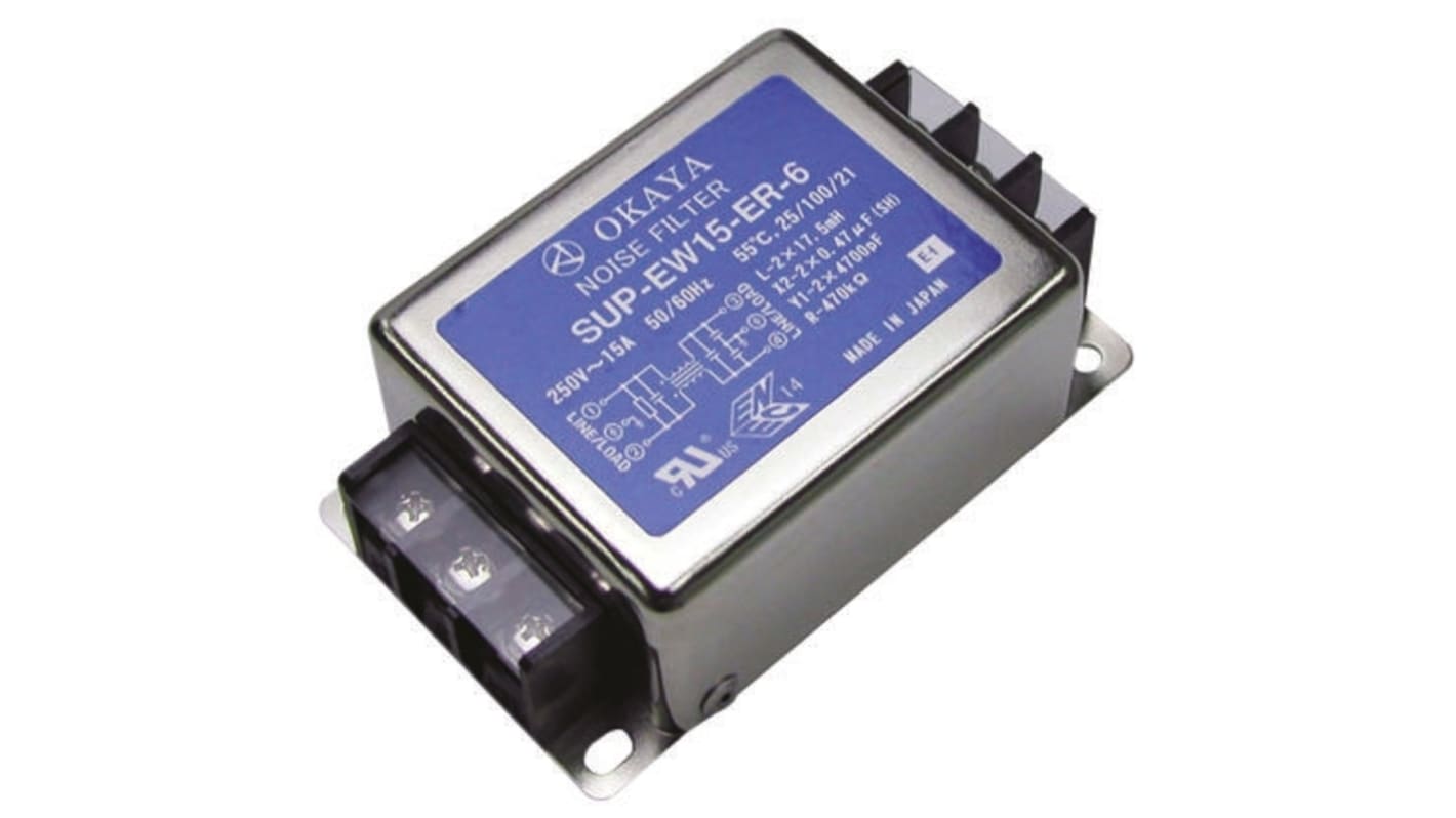 Okaya Electric Industries EMIフィルタ,電源ラインフィルタ,ノイズフィルタ, 15A, 250 V ac フランジマウント