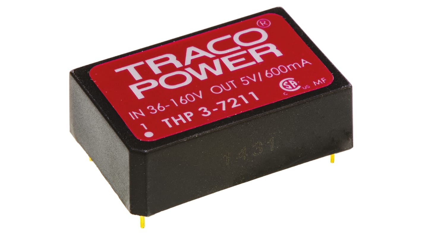 TRACOPOWER THP 3 DC-DC Converter, 5V dc/ 600mA Output, 9 → 40 V dc Input, 3W, Through Hole, +85°C Max Temp -40°C