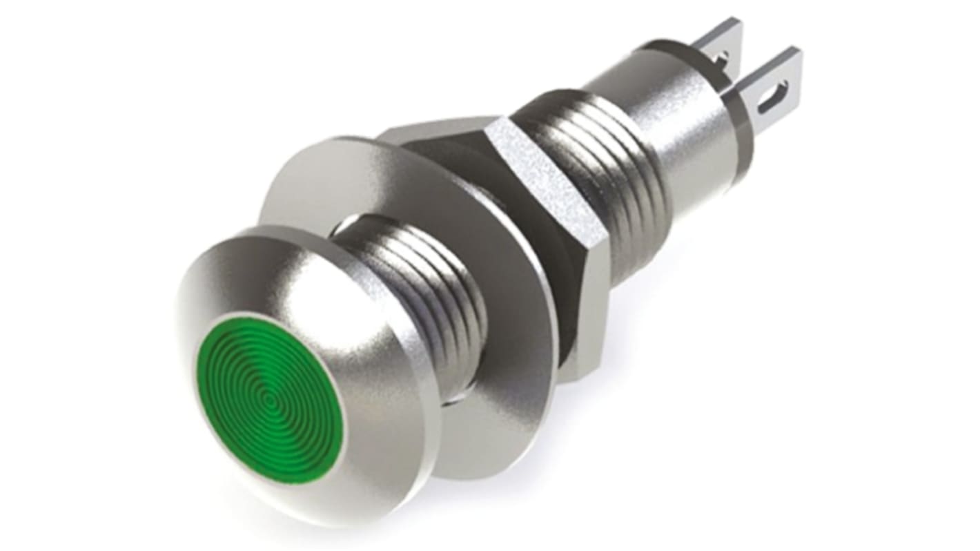 Marl Green Indicator, 110V ac, 8.1mm Mounting Hole Size, Solder Tab Termination