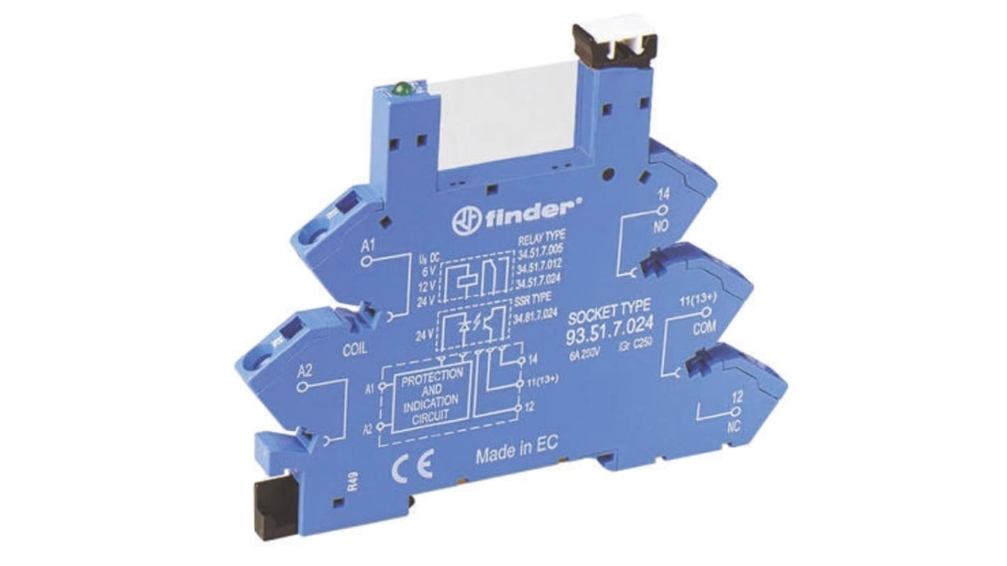 Finder 93 5 Pin 250V ac DIN Rail Relay Socket, for use with 34.51, 34.81