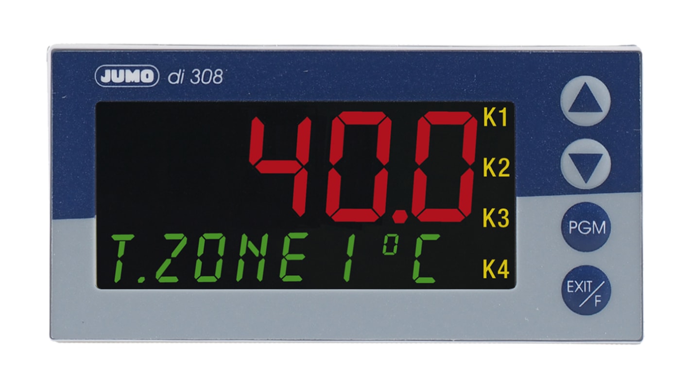 Jumo di 308 Digital Indicator, 96 x 48 (1/8 DIN)mm, 4 Output Logic, Relay, 20 → 30 V ac/dc Supply Voltage