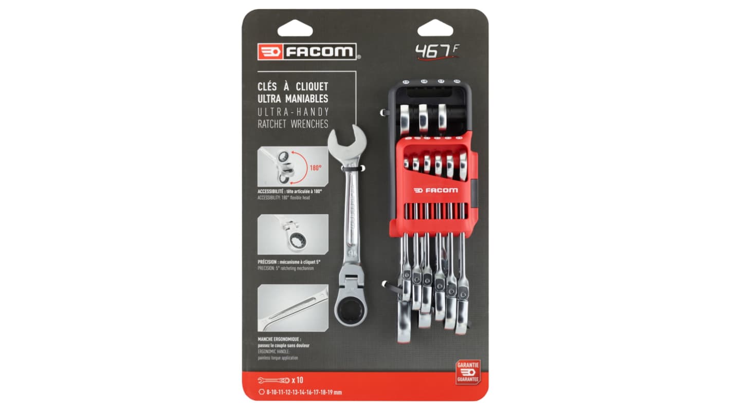 Facom 467BF Series 10-Piece Spanner Set, 8 → 19 mm, Chrome Vanadium Steel