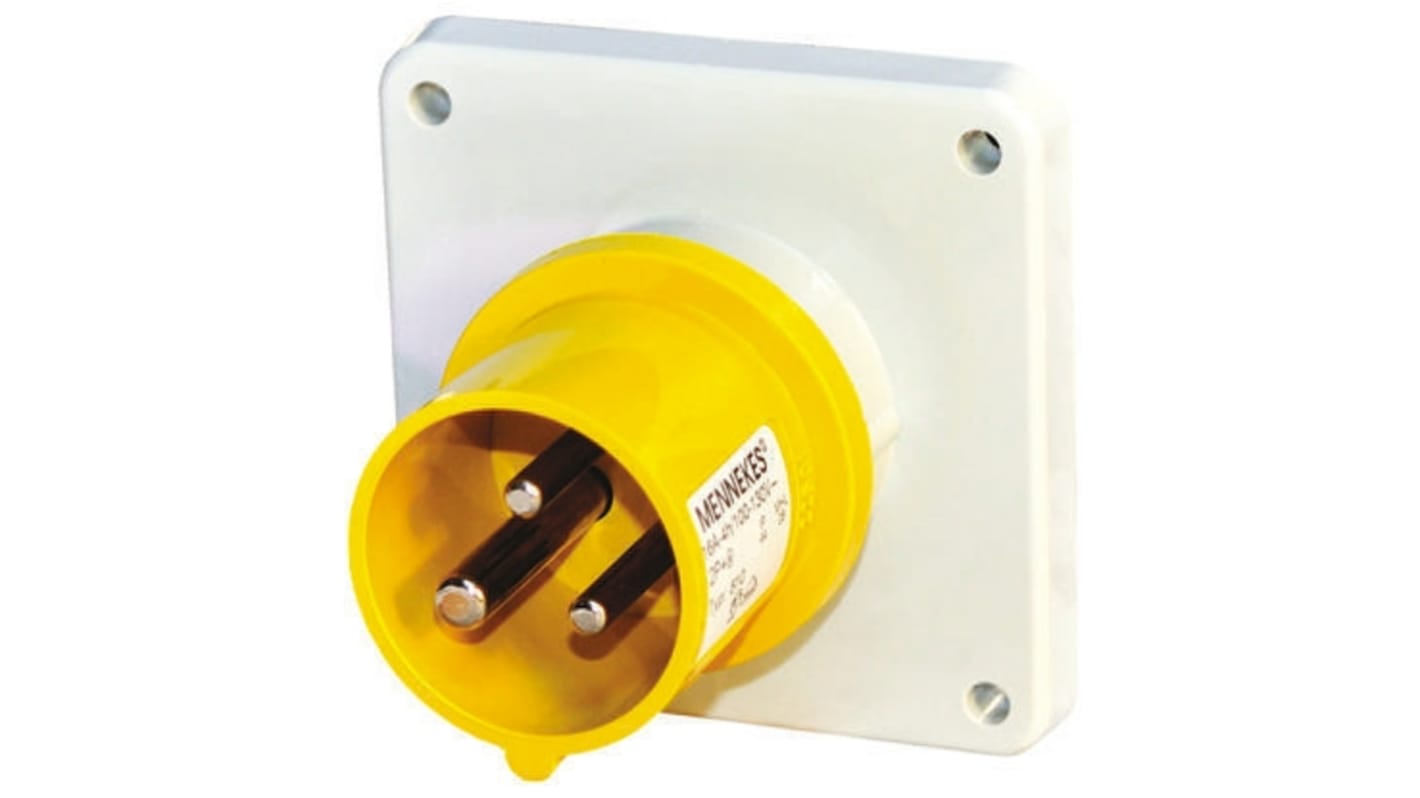 MENNEKES IP44 Yellow Panel Mount 3P Industrial Power Plug, Rated At 16A, 110 V