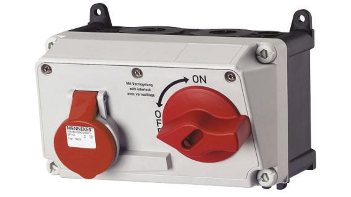 MENNEKES Right Angle Switchable IP44 Industrial Interlock Socket 3P+E, Earthing Position 6h, 16A, 400 V