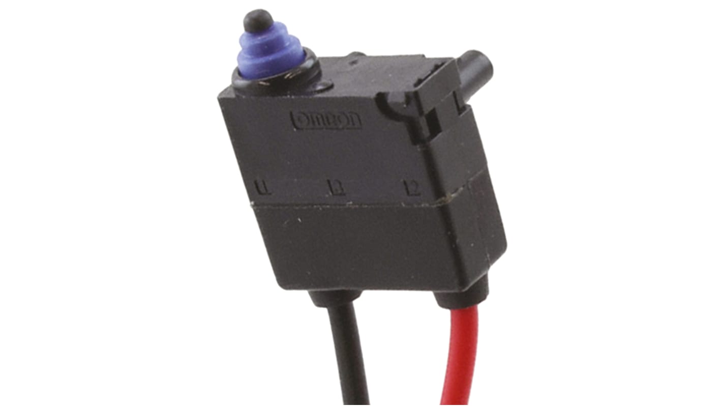 Omron Pin Plunger Microswitch, Pre-wired Terminal, 2 A @ 12 V dc, SPST, IP67