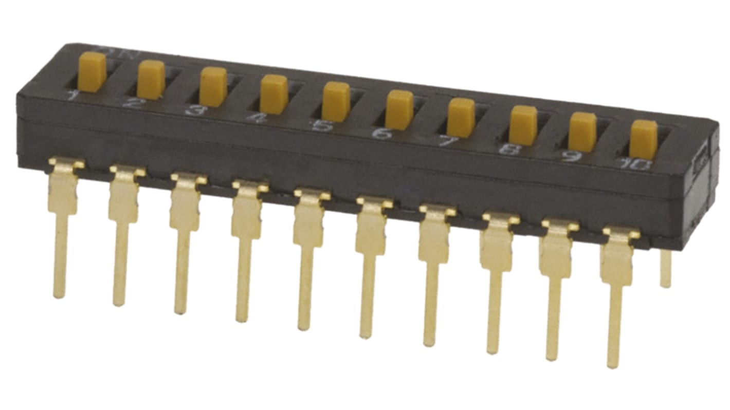 Interruptor DIP, 10P, Montaje en orificio pasante, Actuador Deslizante, 100 mA a 5 V dc, 10 vías, -20 → +70°C